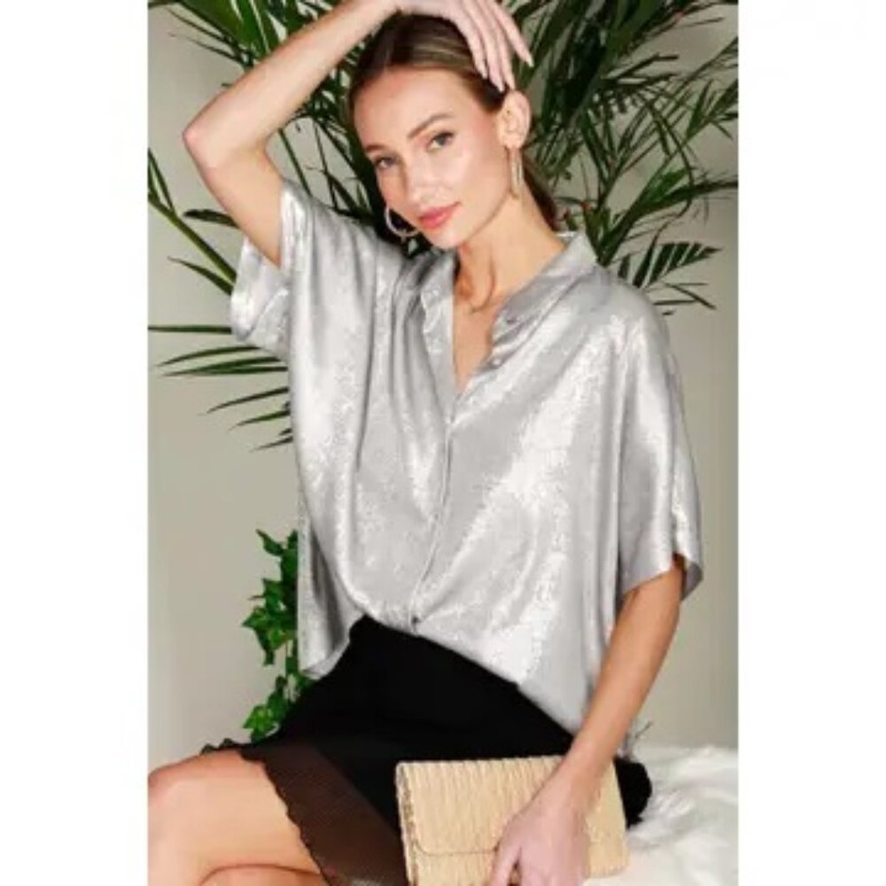 Silver Collared Neck Button Down Metallic Woven Top